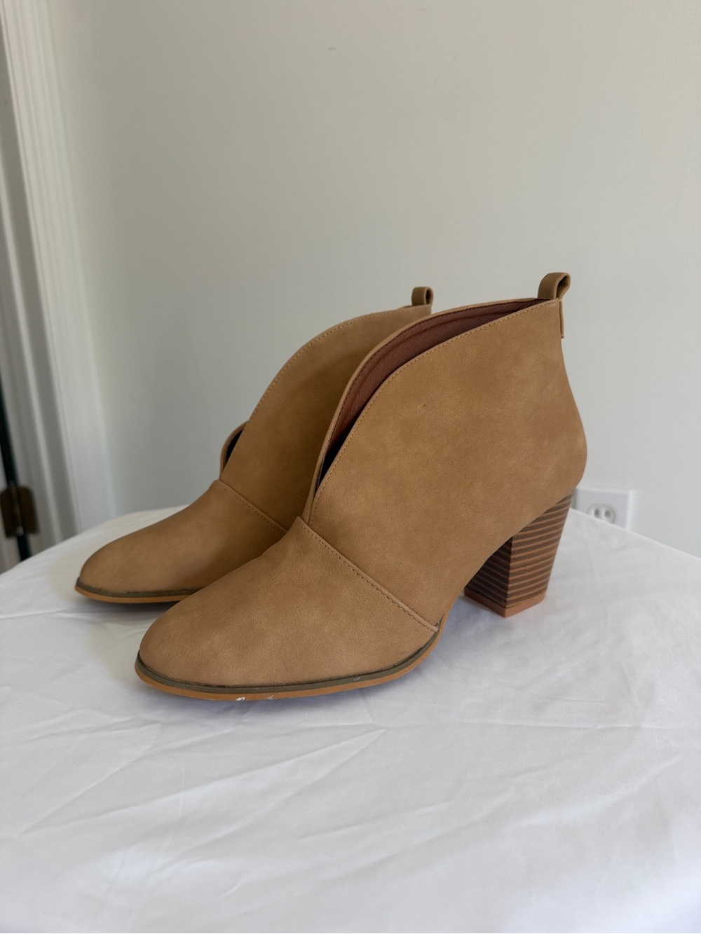 Women's Tan Suede Ankle Booties - Modern Block Heel